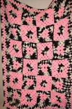Crochet Baby Blanket Afghan Granny Square 36" x 50" Pink Black NOS