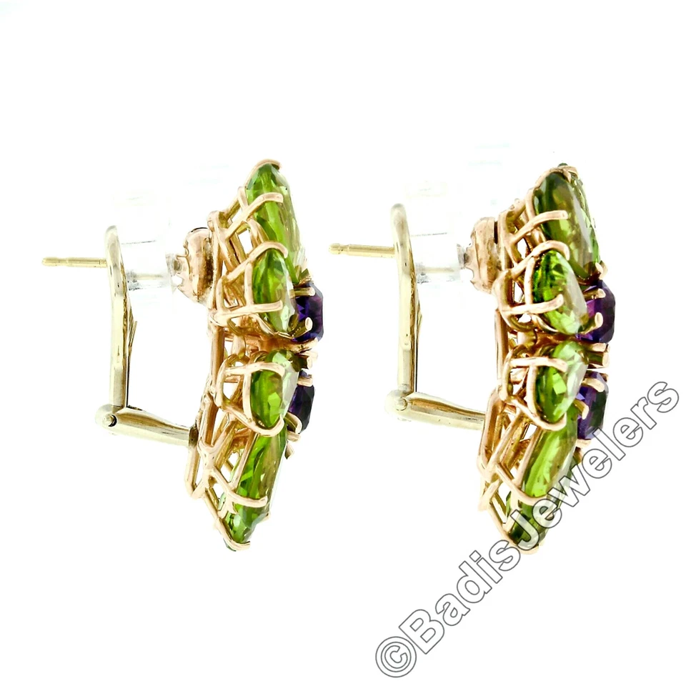 Large Rose Gold Pear Green Peridot & Amethyst Happy Colorful Cluster Earring - Image 4 of 4