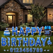 16 Pcs Happy Birthday Yard Signs with Stakes, 32.8 ft LED Lights, Royal Blue