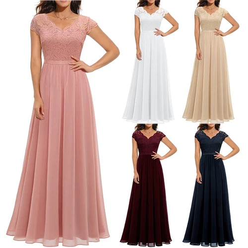 Schickes Damen Spitze Maxi Chiffon Brautjungfer formell Abschlussball Abend Hochzeit Party Kleid - Bild 2 von 34