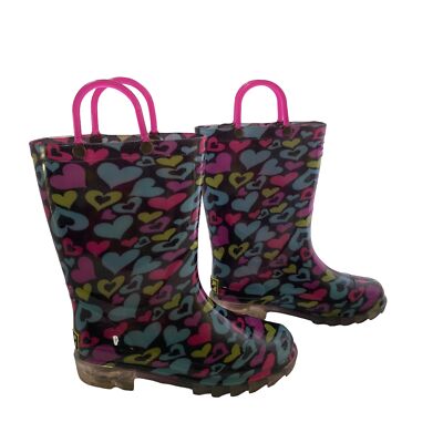 Western Chief Girl Size 11 Dancing Hearts Light-Up Pull On Round Toe Rain Boots
