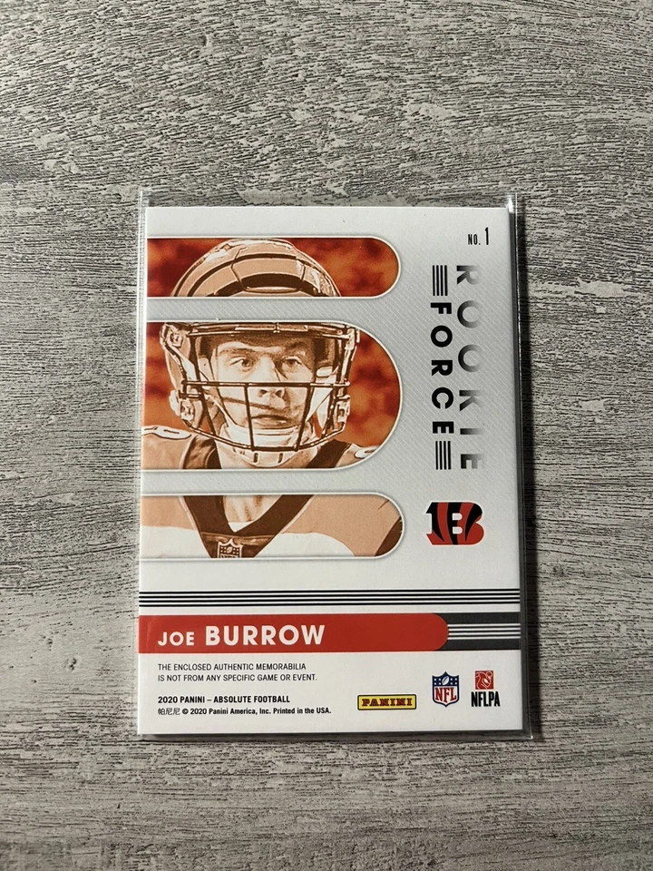 Joe Burrow 2020 Absolute Rookie Force Memorabilia Relic Patch RC #1 Bengals Mint - Image 2 of 2