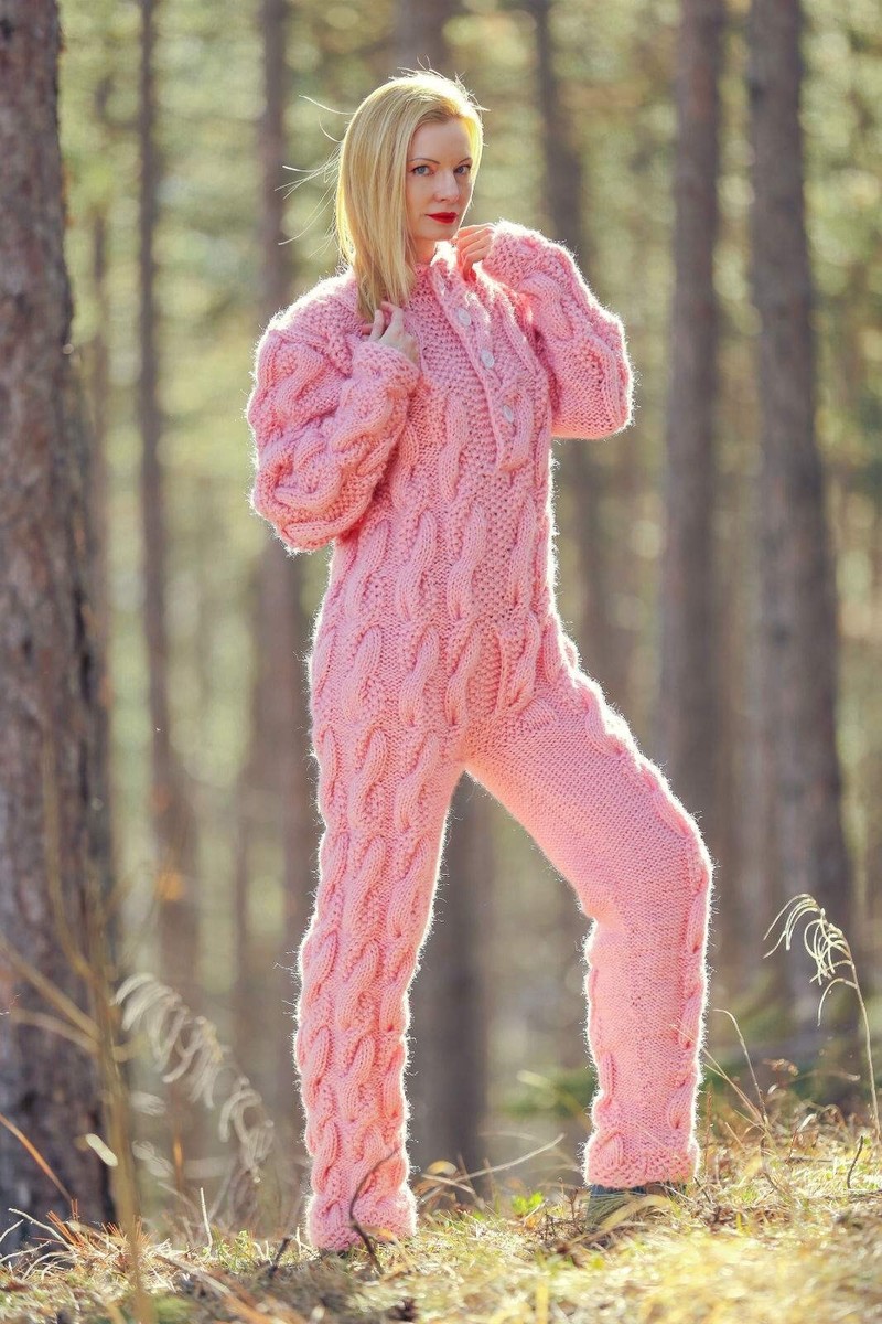 Pink cable knit catsuit mohair wool bodysuit handknit soft