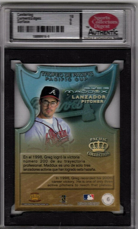 1999 Pacific Crown Collection Pacfic Cup Greg Maddux #6 HOF SC Authentic 9 MInt - Image 2 of 2