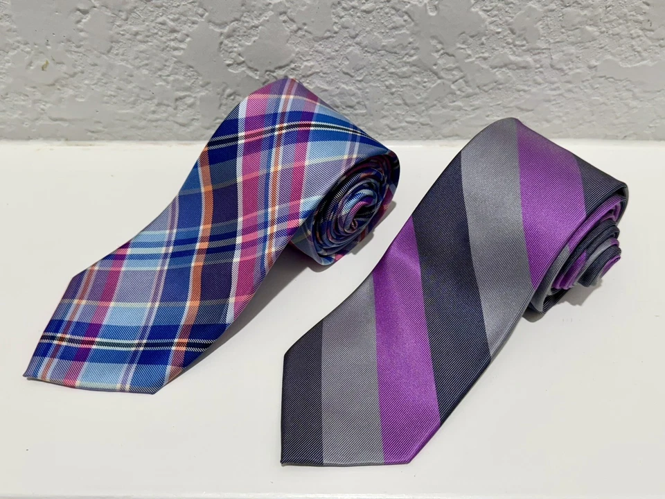 Lote de 2 corbatas de seda "Croft & Barrow"; diseños a cuadros y rayas; rosa, púrpura, gris Foto 3 de 4