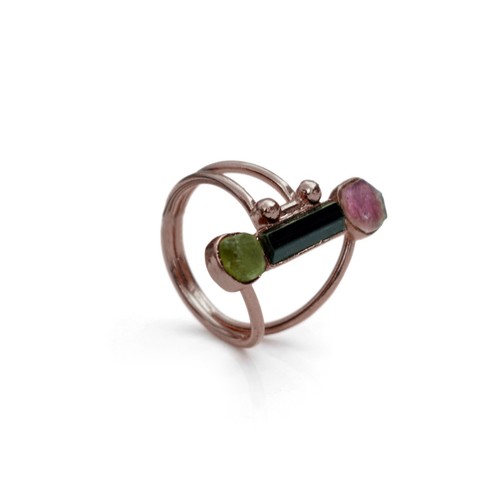 Natural Tourmaline Ruby & Peridot Gemstone Handmade Statement Gold Ring Jewelry - Picture 10 of 16