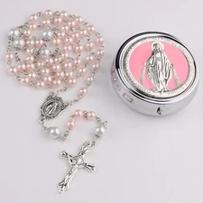 CT Rosary with 6mm Glass Pearl & 8mm Our Father Beads, Miraculous Metal Gift Box