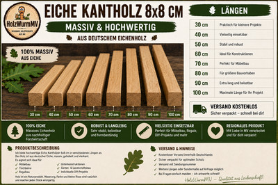 Eiche Kantholz 8x8 cm   Massive Eichenbalken   verschiedene Längen