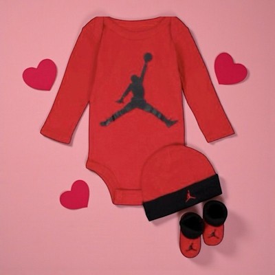 Jordan 3-Piece Set Bodysuit Hat & Booties Red Black Newborn 0-6 M Christmas Gift