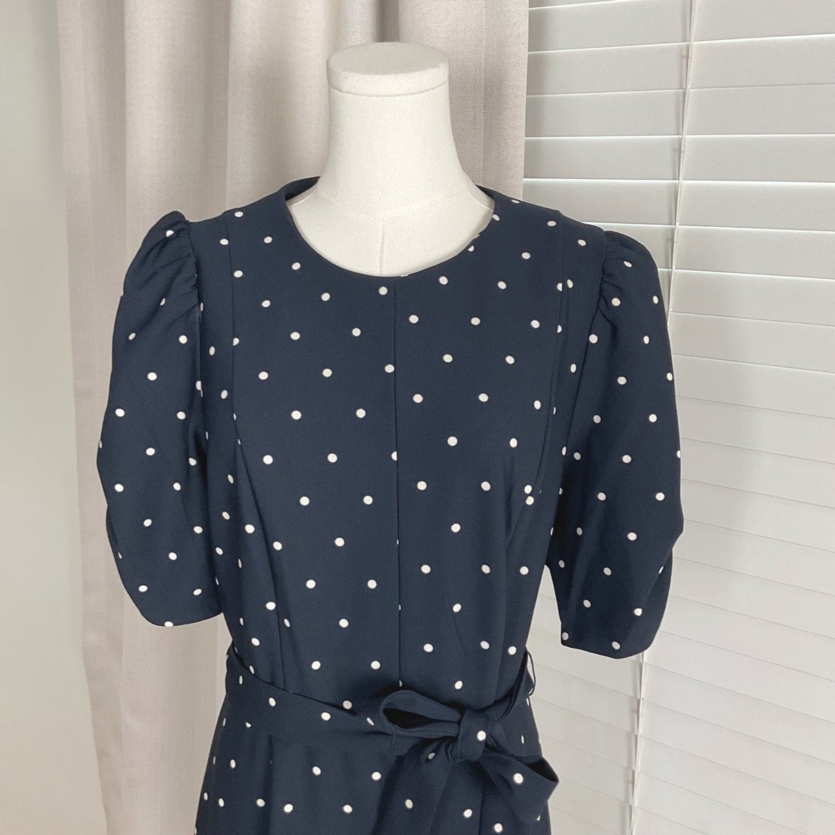 DKNY Womens Navy Blue White Polka Dot Puff Sleeve Tie Waist Midi 