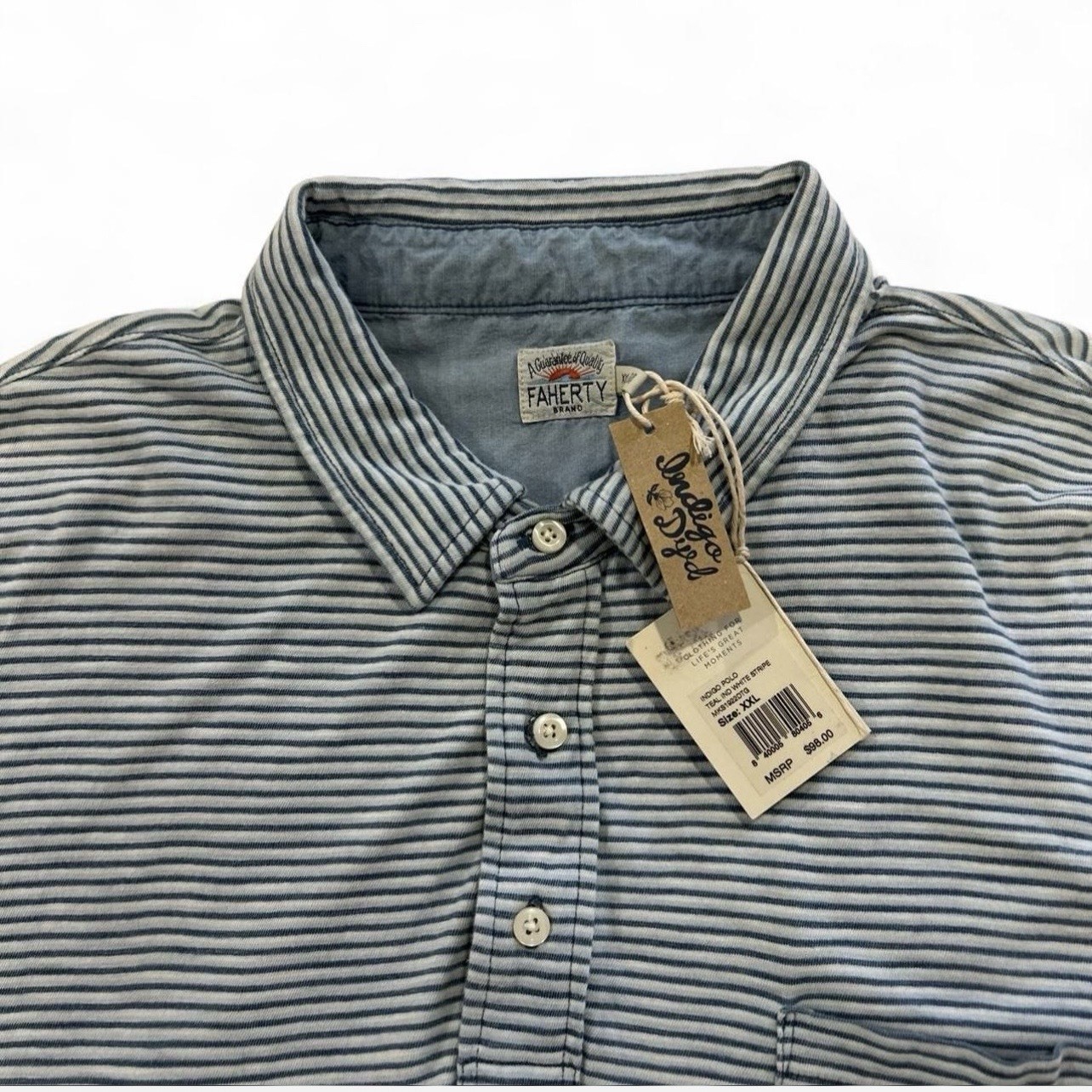 FAHERTY Short Sleeve Polo Blue & Off-white 100% Cotton Men's XXL thumbnail 3