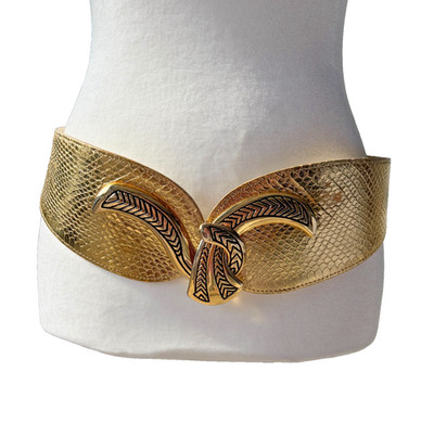 ~80s Gold Genuine Snakeskin Wide Waist Belt Adjustable Avant Garde Disco Chic