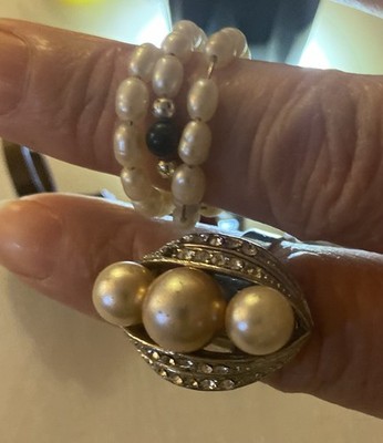 Lot of 2 Faux Pearl Rings Cocktail Statement Ring Beaded Wrap Vintage Style