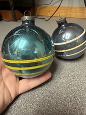 2 WWII Era Christmas Ornament Blue Glass White Stripe Corning Made In USA 1940s