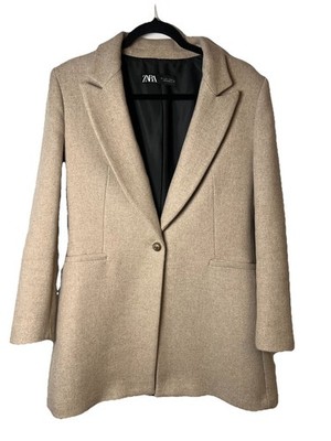Zara Women s Fitted Wool Blend One Button Coat Sz L Lined Sand Knee Length