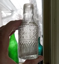 1840s OPEN PONTIL EARLY BLOWN 3 MOLD CONDIMENT BOTTLE DIAMOND QUILTED PATTERN