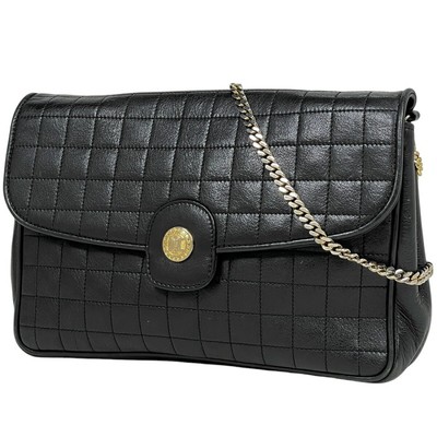 CELINE Logo Chain Shoulder Bag Brason Crossbody Leather Black Women's