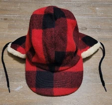 Vintage Filson Double Mackinaw Wool Red Black Buffalo Plaid Shearling Cap Medium