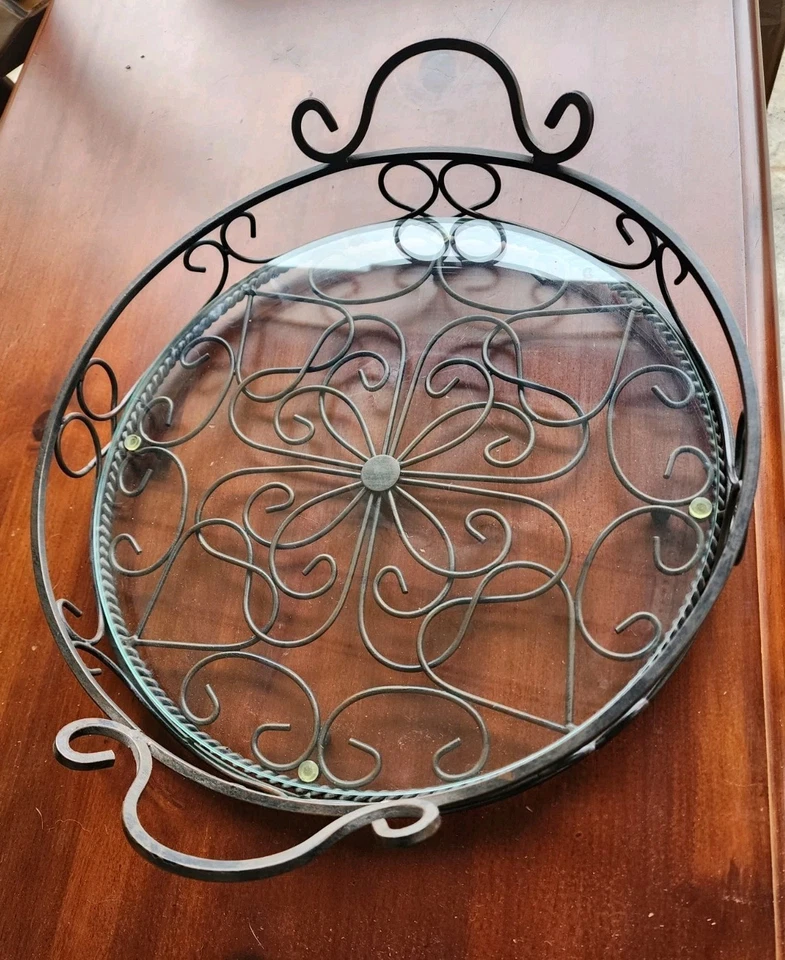 Southern Living at Home, 14" Round Jamestown Metal Footed Tray w/ Glass Insert - Image 3 of 4