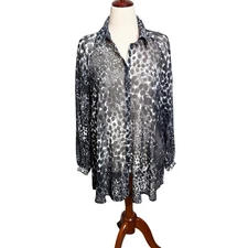 CAbi tunic top sheer Blurred Dot black white long sleeve button up blouse Sz M