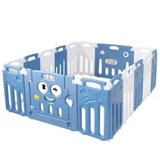 16-Panel Foldable Baby Playpen Kids Activity Centre w/ Lock Door & Rubber Mats