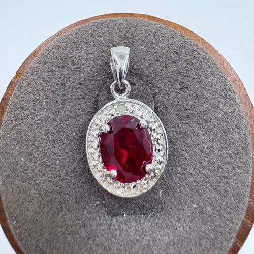 VTG Sterling Silver 925 Garnet Prong Set Halo Accent Pendant Size 0.75" Length