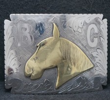 XB03147 VINTAGE 1970s  HORSE HEAD  WESTERN ANIMAL MENS SILVERTONE BELT BUCKLE