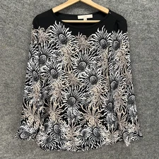 Loft Blouse Women PS Petite Black Floral Long Sleeve Round Neck Pullover Casual