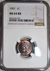 NGC MS-64 RB 1907 Indian Head Cent, Blazing, Red-Brown specimen.
