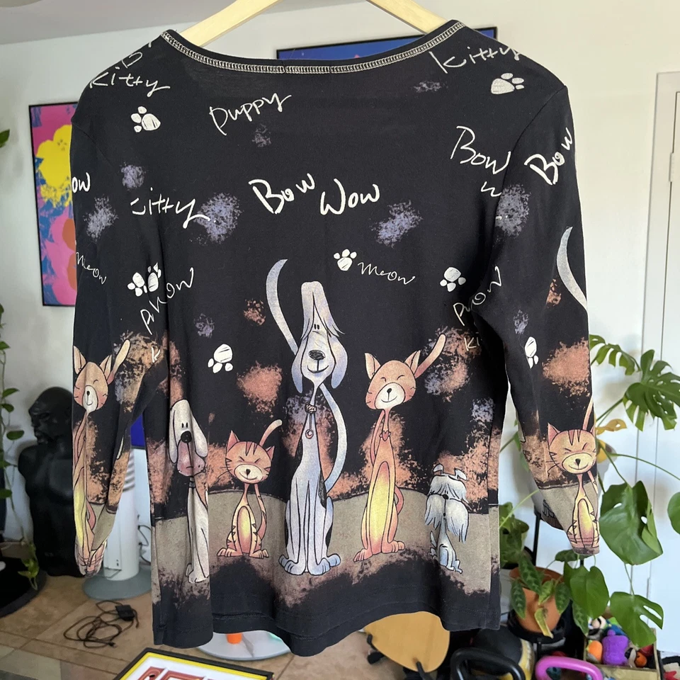 Camisa informal manga 3/4 para mujer mediana negra con lazo Wow gato perro amante Foto 3 de 4