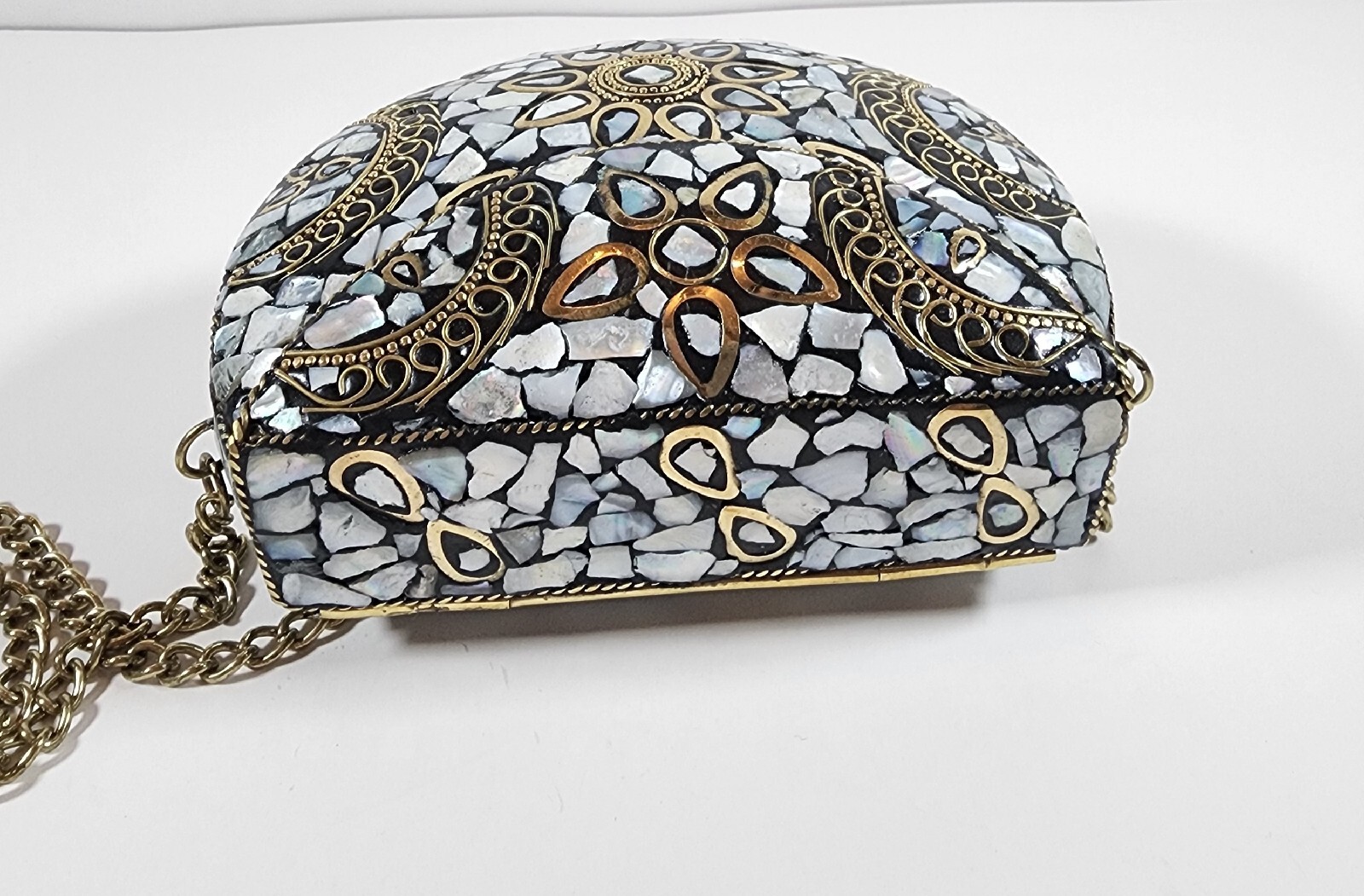 Shell Mosaic Clutch Metal Bag Ethnic Purse Gold Silver