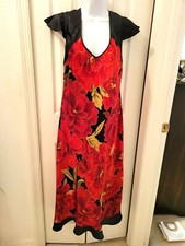 Bloom Black Satin Tea Length Nightgown Red Floral | Womens Medium