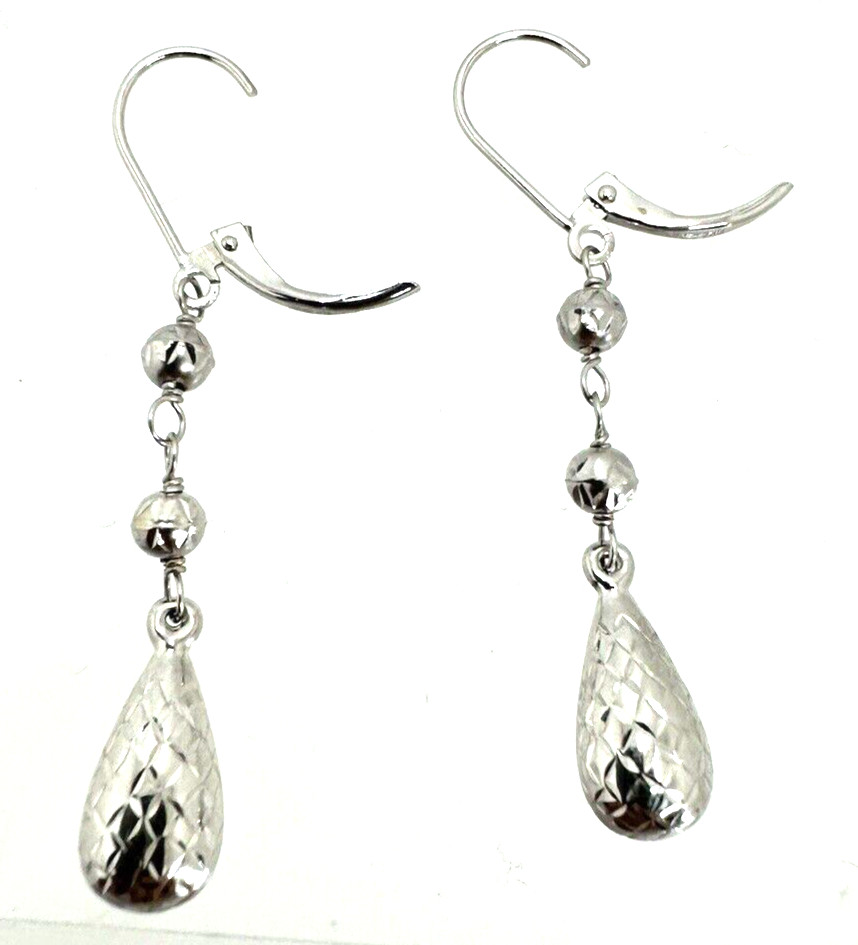 Solid 14K White Gold Drop Dangle Pierced Earrings - image 4