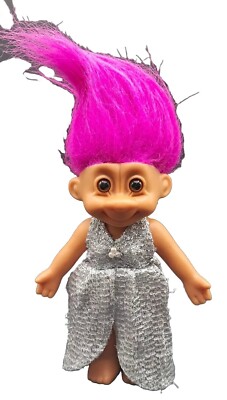 Vintage Tracey RUSS Troll Doll w Pink Hair *Silver Evening Gown Dress