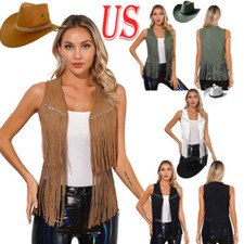 US Women Fringe Waistcoat Vest Cowboy Hat Western Cowgirl Outfits Hippie Costume