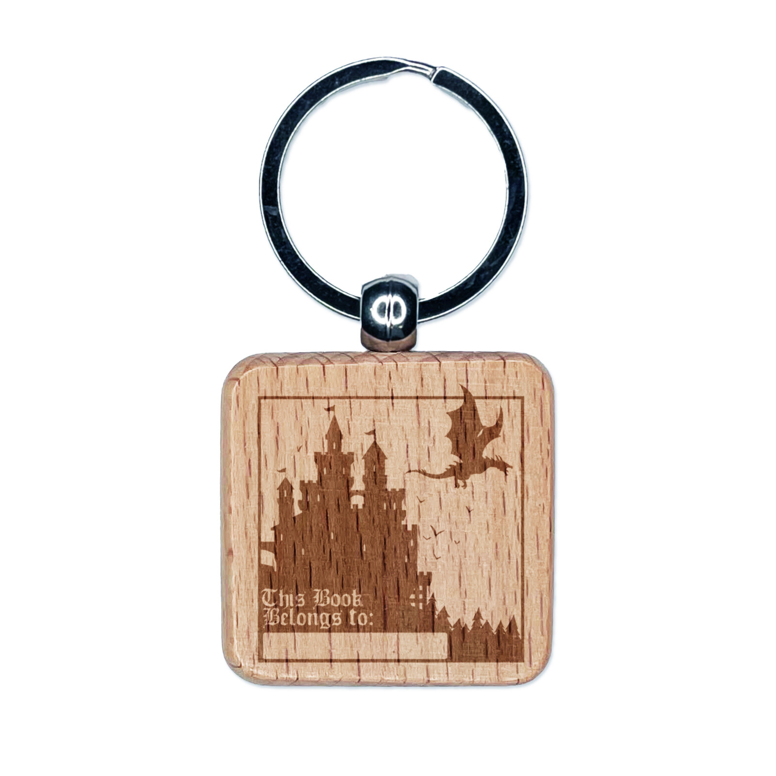 Engraved Dragon Castle This Book Belongs To Wooden Keychain Charm Tag  