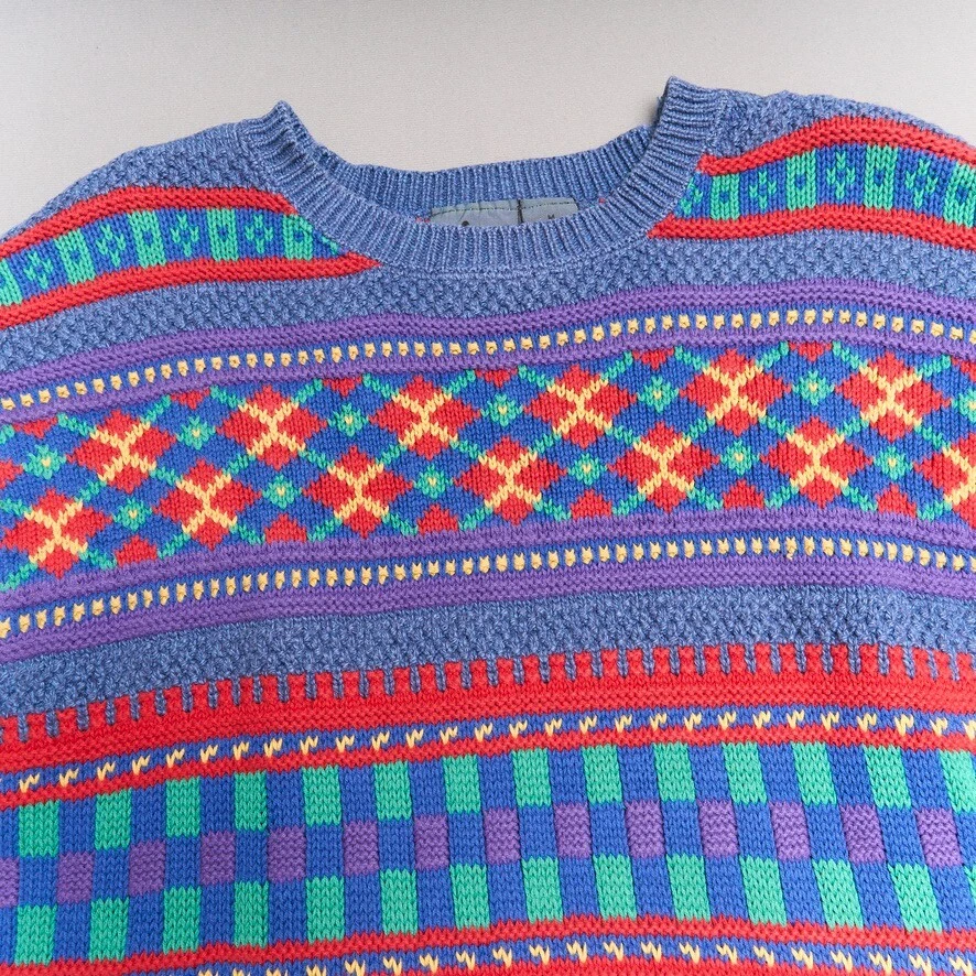 Suéter de punto grueso colorido vintage Lizwear para mujer M 3D Pullover Crew años 90 Foto 2 de 4