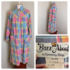 VTG 70's Buzz About Rosemary Long House Coat Bright Plaid Cotton Flannel sz 14 L