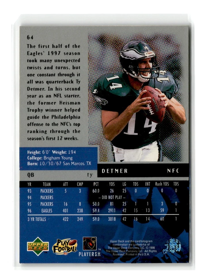 1998 Upper Deck Black Diamond - #64 - Ty Detmer - Philadelphia Eagles - Image 2 of 2