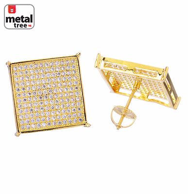 Men's Hip Hop Stud Earrings - 14k Gold Plated XL Square With CZ Stones & Screw Backs 8 thumbnail image