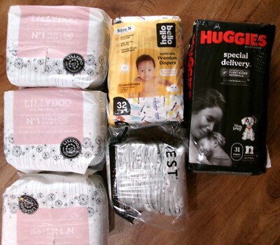 Lot 165 Newborn Diapers-LILLYDOO,HONEST,HUGGIES SPECIAL DELIVERY,HELLO BELLO-
