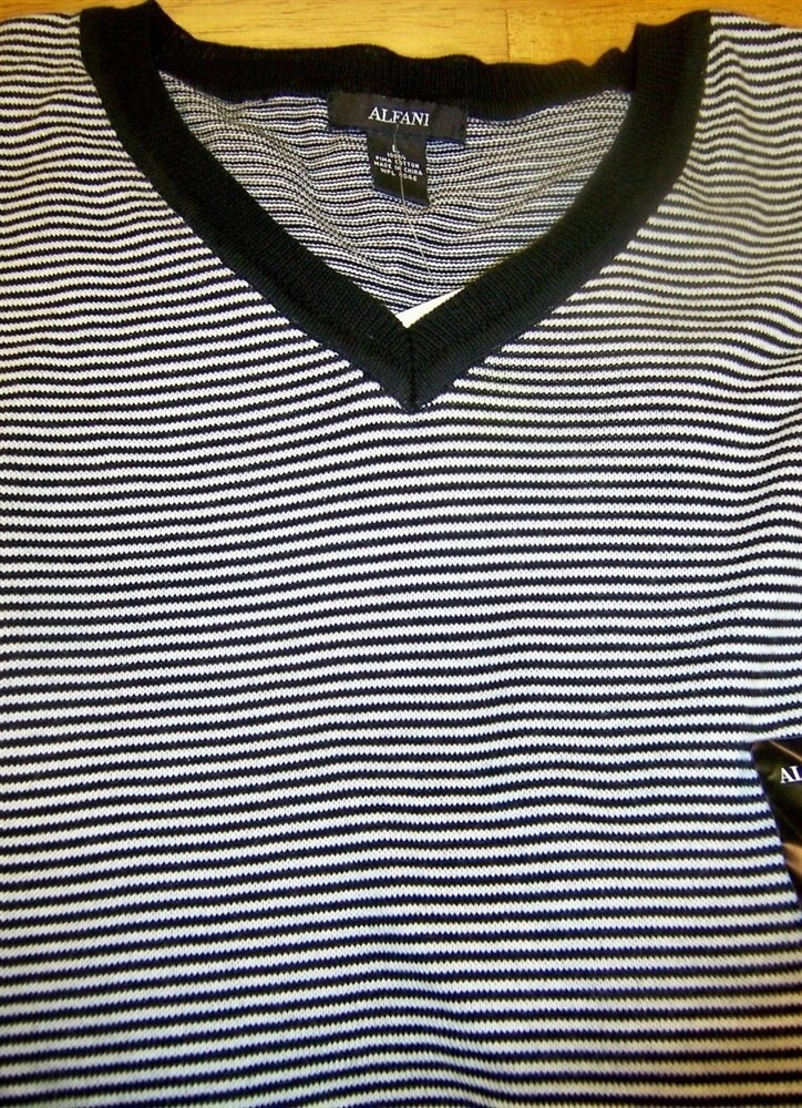 Sweater Vneck Cotton Black Gray Stripe Alfani Men size XL New-image