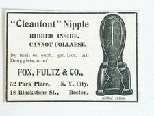 Baby Bottle CLEANFONT Nipple Ribbed Inside Antique 1895 Print Ad Fox Fultz Co