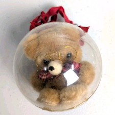 Vintage 1980s Flocked Teddy Bear in Clear Acrylic Ball Christmas Ornament
