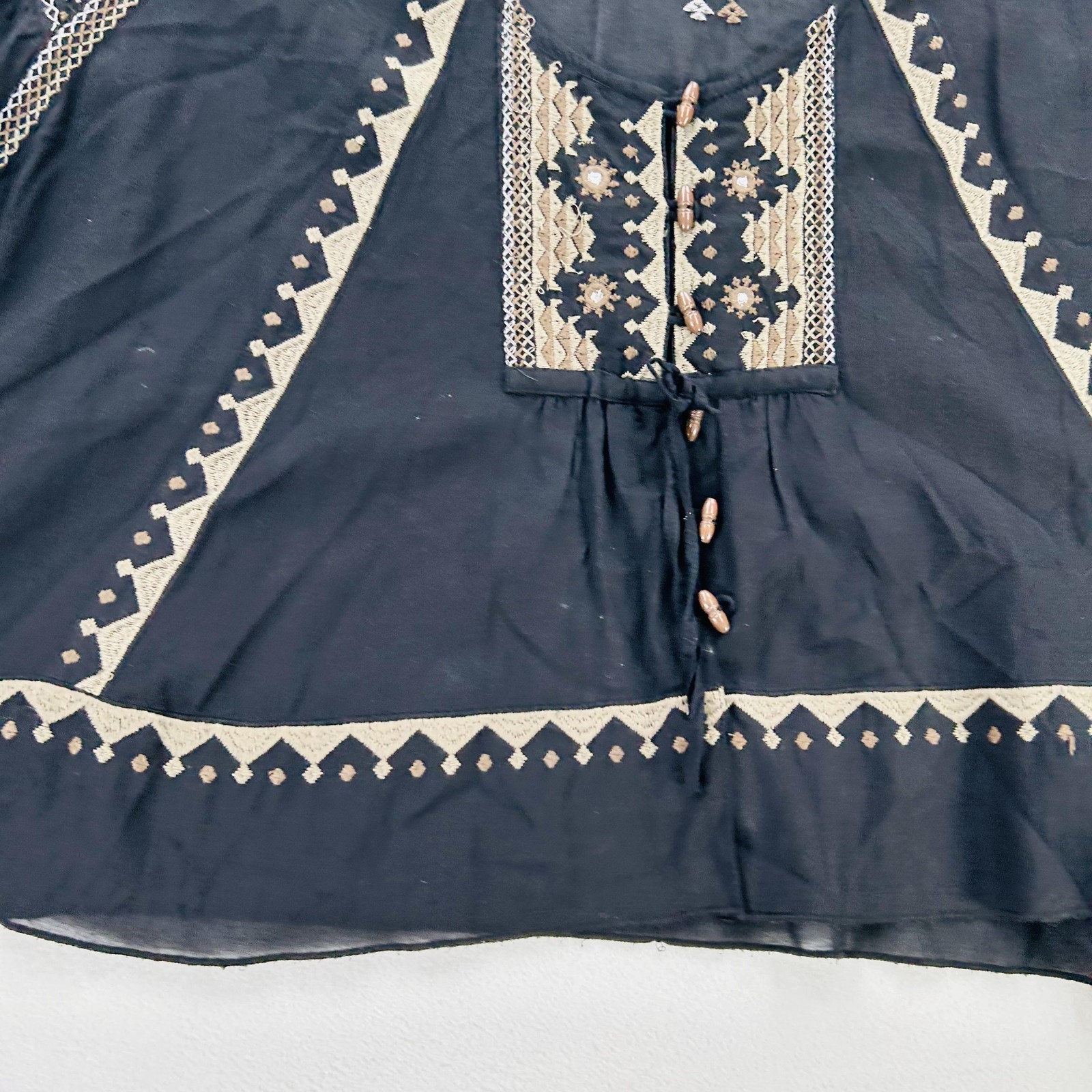 Free People Blouse Womens XS Black Embroidered Boho Peasant Top Sheer Flowy