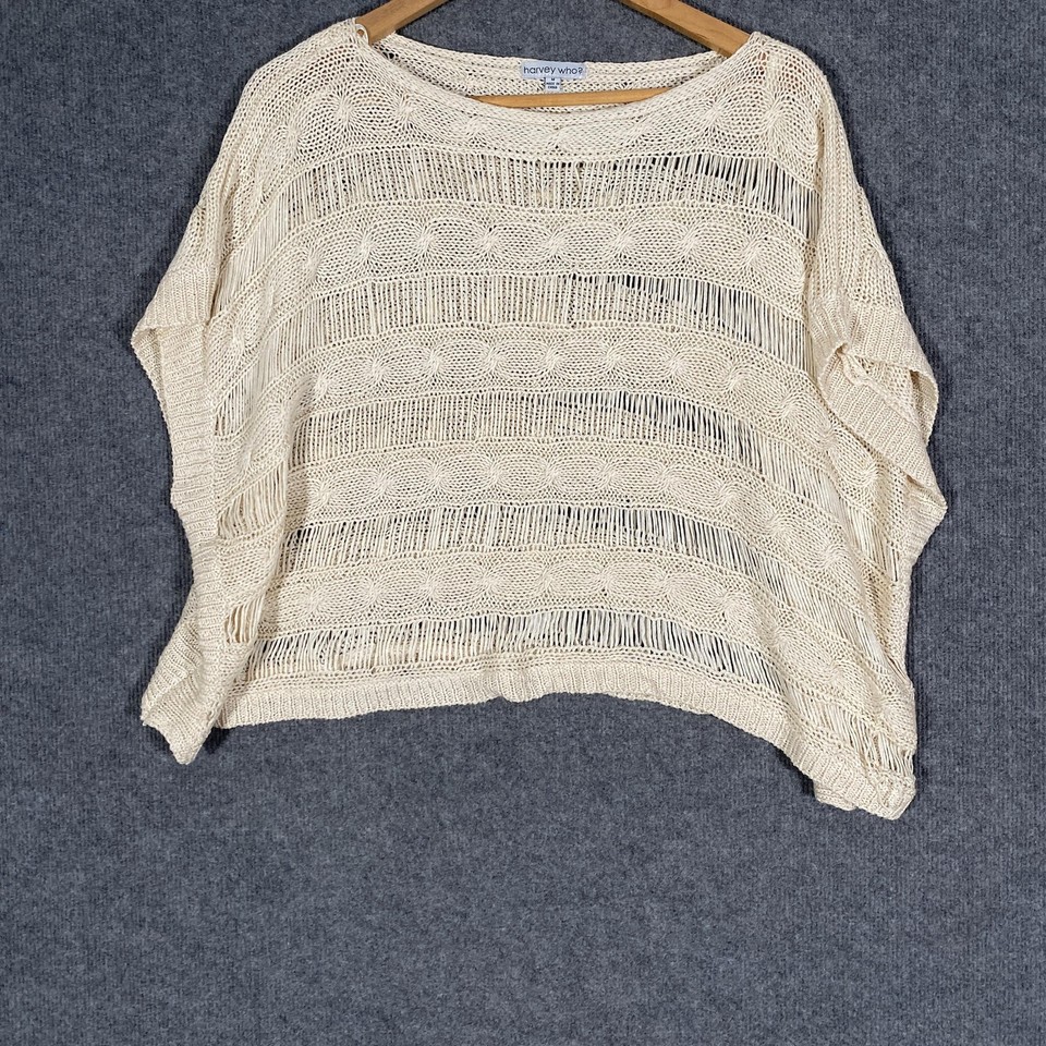 Harvey Who? Jumper Womens Medium White Open Knit Sheer Short Sleeve Pullover