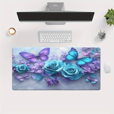 40 90cm1pc XXL Mouse Pad with Purple Butterfly  Blue Rose Design - Non-Slip Rub