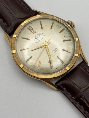 Enicar Vintage Men s Ultrasonic Swiss  Auto 35mm Gold Tone Case Brown Leather