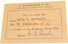 # K2539    L. BAMBERGER CO.  STAMP CLUB   MEMBERSHIP CARD    1931-32
