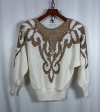 VTG 80s Sideffects Knit Beverly Small Sweater Cream Brown w Beads Shoulder Pads